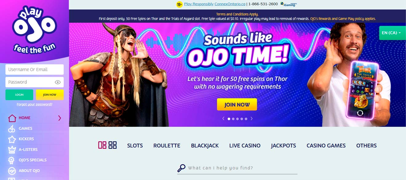 PlayOjo casino lobby