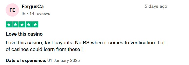 Trustpilot user highlights PlayOJO's fast payouts