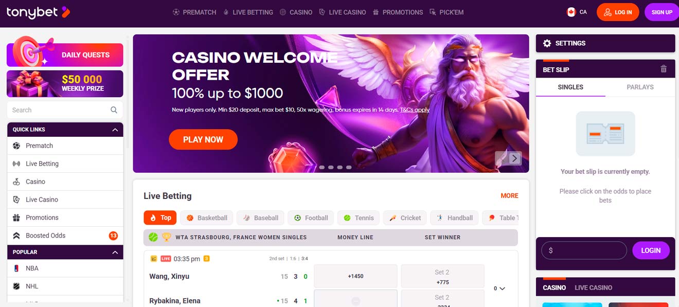TonyBet casino welcome bonus with live sports betting