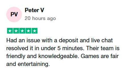 Trustpilot review praising TonyBet's live chat support